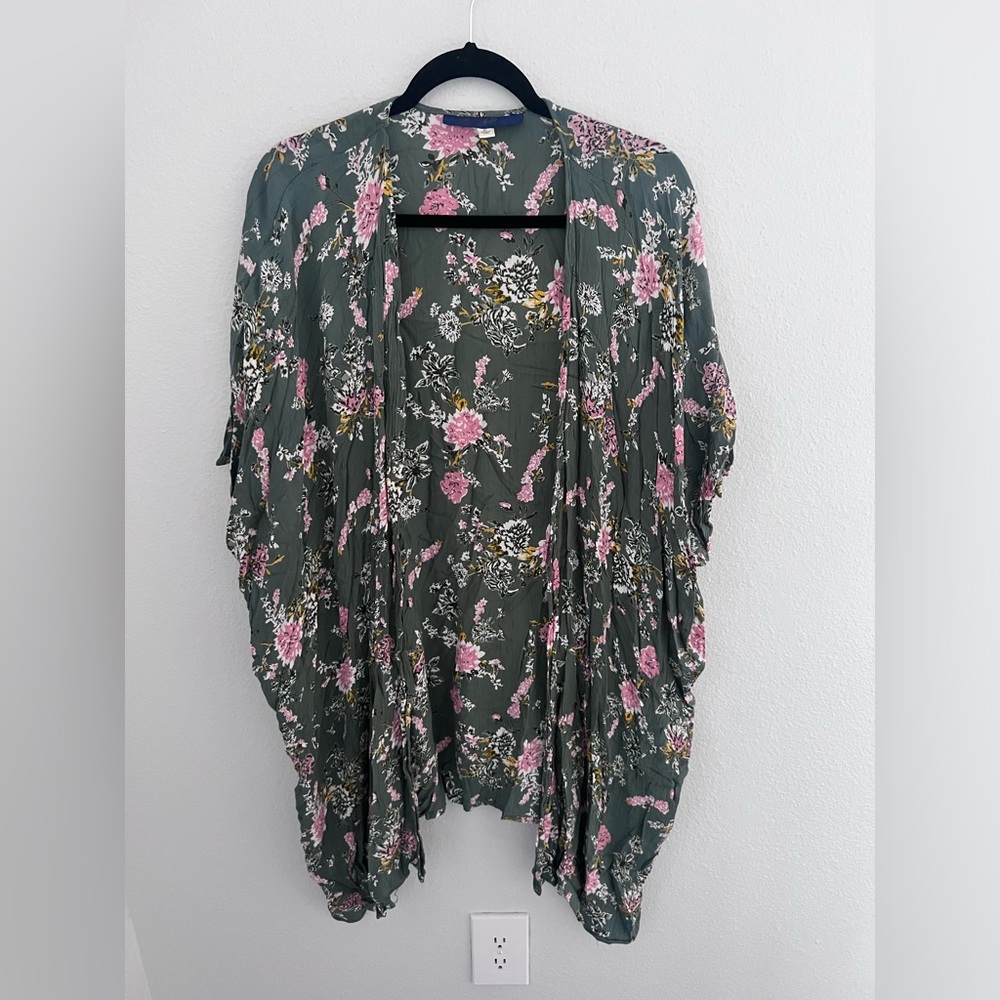 Blue Rain Olive Green Pink White Floral Kimono Size Large